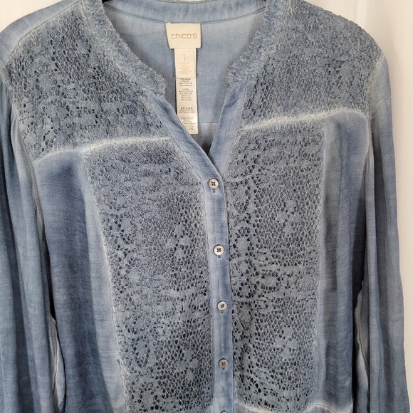 Chico's Women's Size 1 Blue Lace Long Sleeve Button Down Denim Look Shirt - Picture 2 of 13